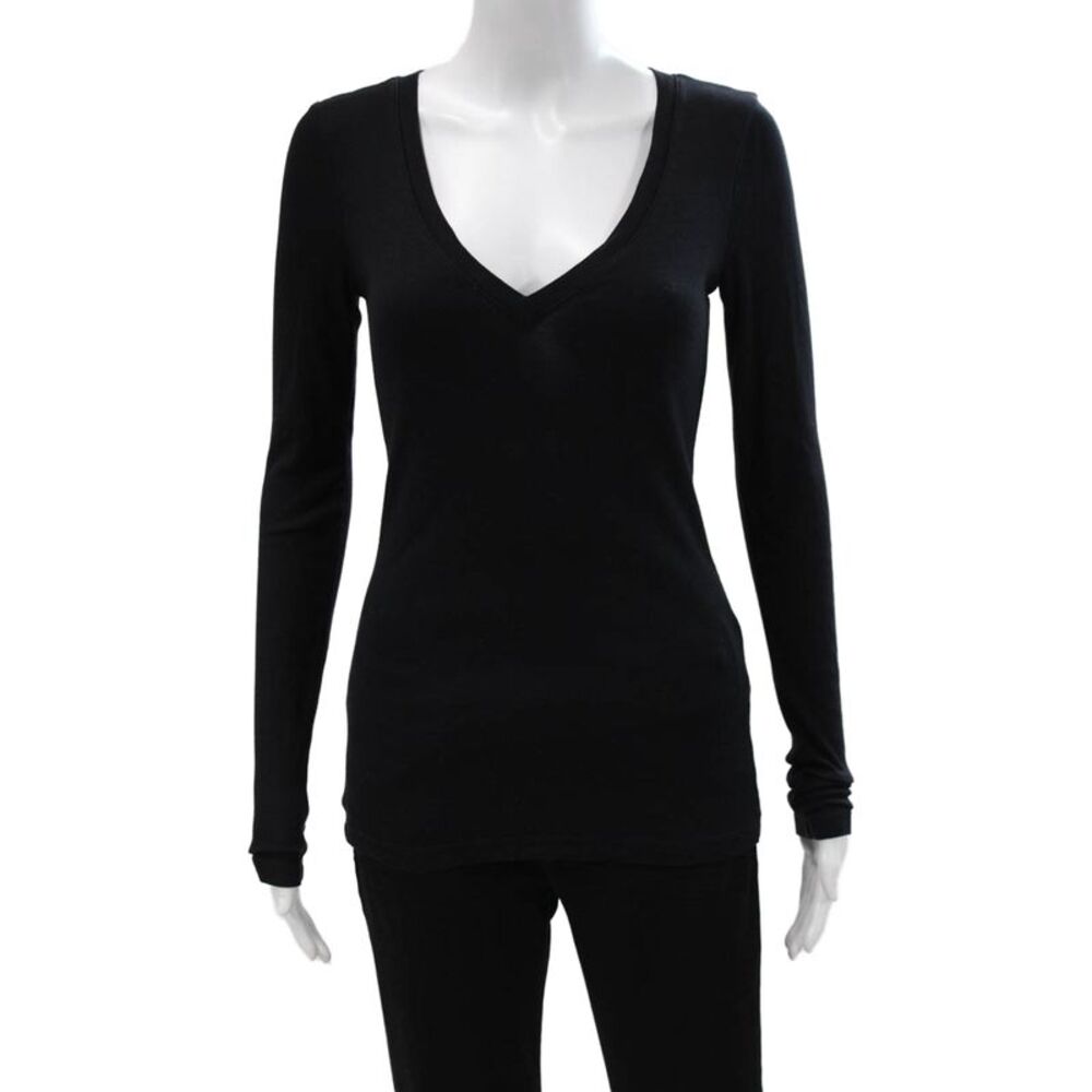 Three Dots Womens Black V-Neck Long Sleeve Basic T-Shirt Cotton Modal Size S